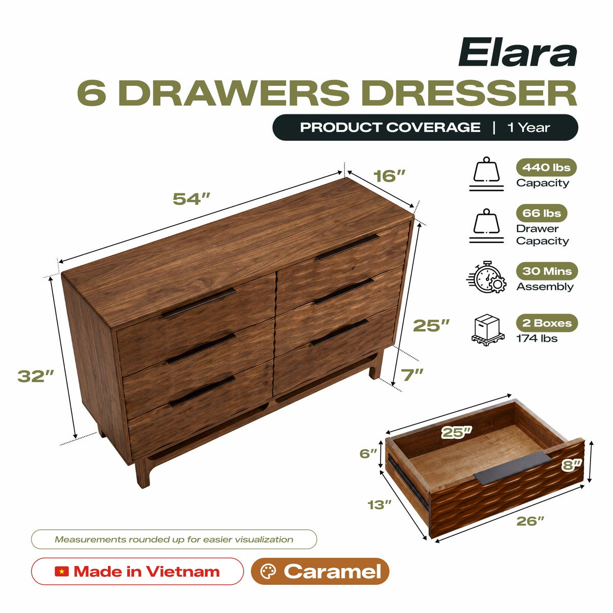 Elara Solid Wood Dresser with 6 Drawers