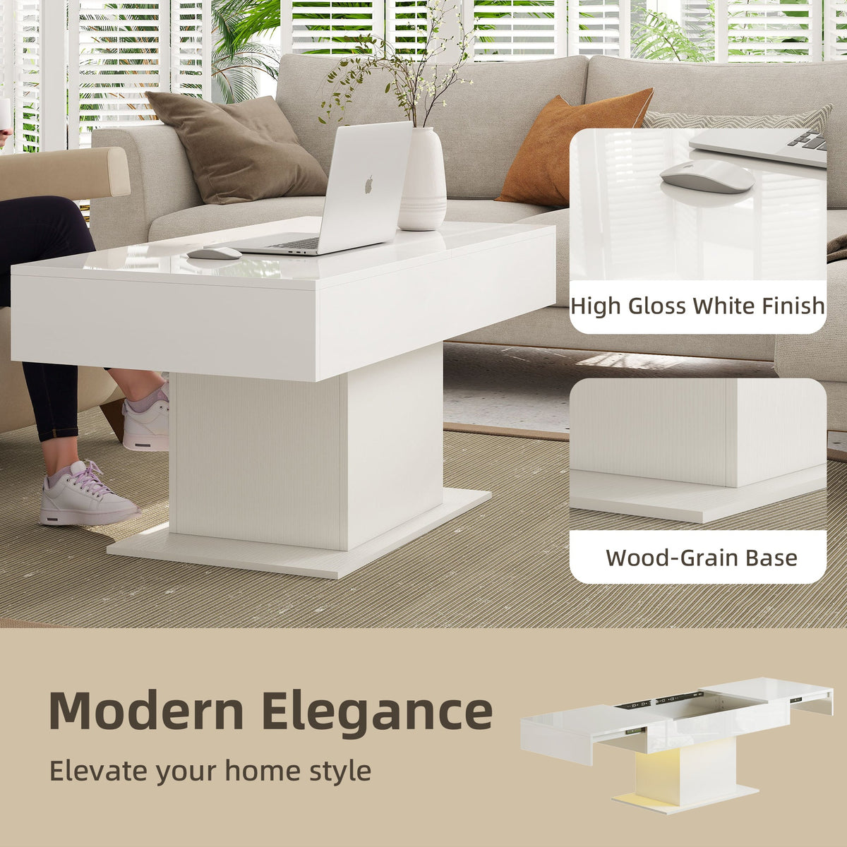 Table basse extensible Halston avec lumières LED et rangement dissimulé - Blanc