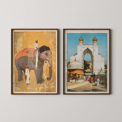 Deux estampes d'art de Hiroshi Yoshida sur l'Inde : Éléphant et Porte d'Ajmer