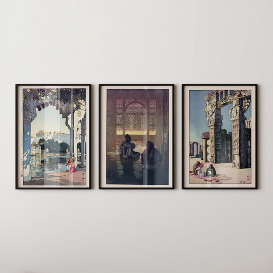 Hiroshi Yoshida Japanese Art Print Trio: Udaipur, Fatehpur Sikri, Sanchi