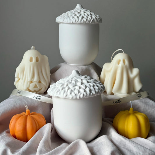 Bougie en cire de soja « Acorn Jar » : Pot en jesmonite fait main, Senteur d’automne