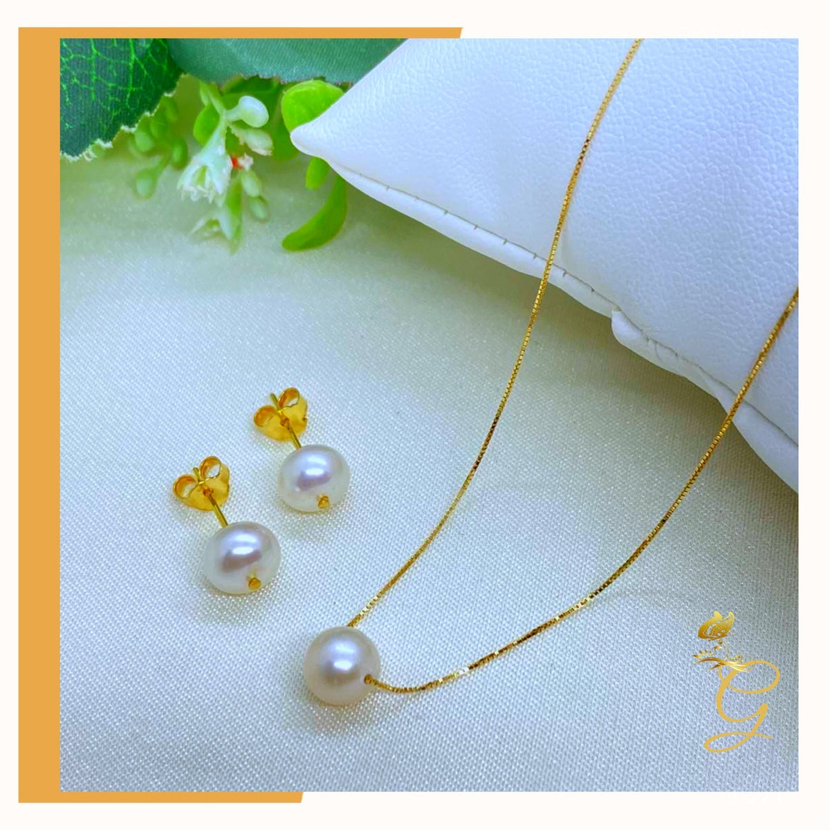 18K Real Gold White Pearl Earrings &amp; Necklace Set (18”)