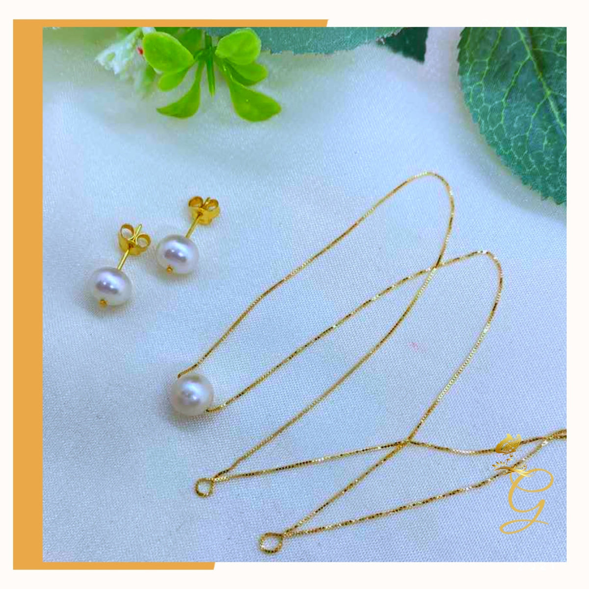 18K Real Gold White Pearl Earrings &amp; Necklace Set (18”)