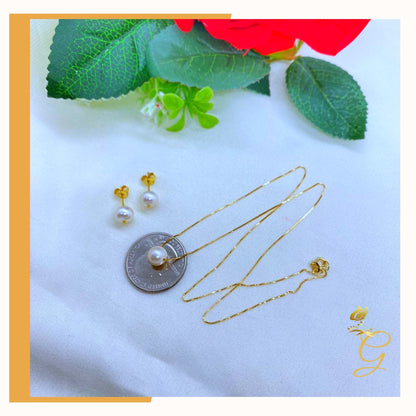 18K Real Gold White Pearl Earrings &amp; Necklace Set (18”)