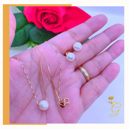 18K Real Gold White Pearl Earrings &amp; Necklace Set (18”)