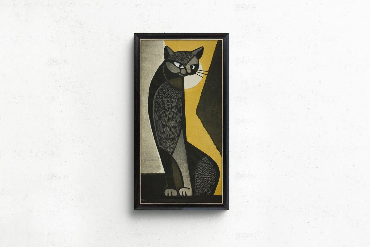 Inagaki Tomoo Black Cat Giclee Print: Vintage Japanese Art (2x1)