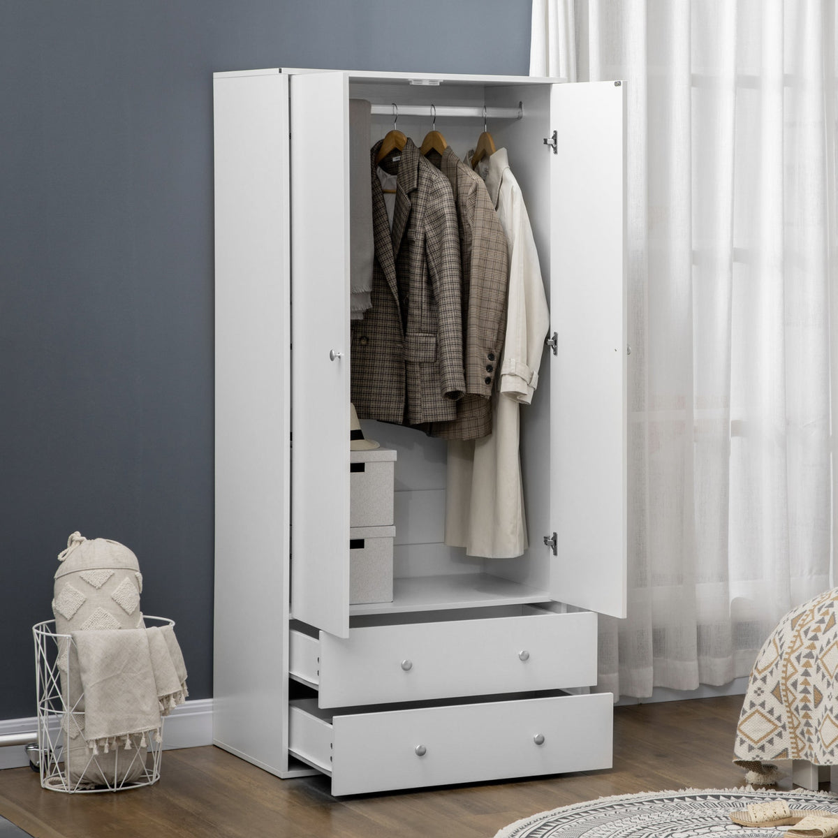 Armoire Briar moderne avec 2 tiroirs et tringle à vêtements - Blanc