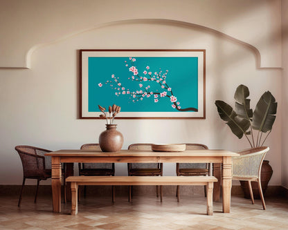 Impression d'art panoramique Fleur de cerisier : Sakura bleu sarcelle aigue-marine (2x1)