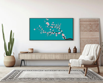 Impression d'art panoramique Fleur de cerisier : Sakura bleu sarcelle aigue-marine (2x1)