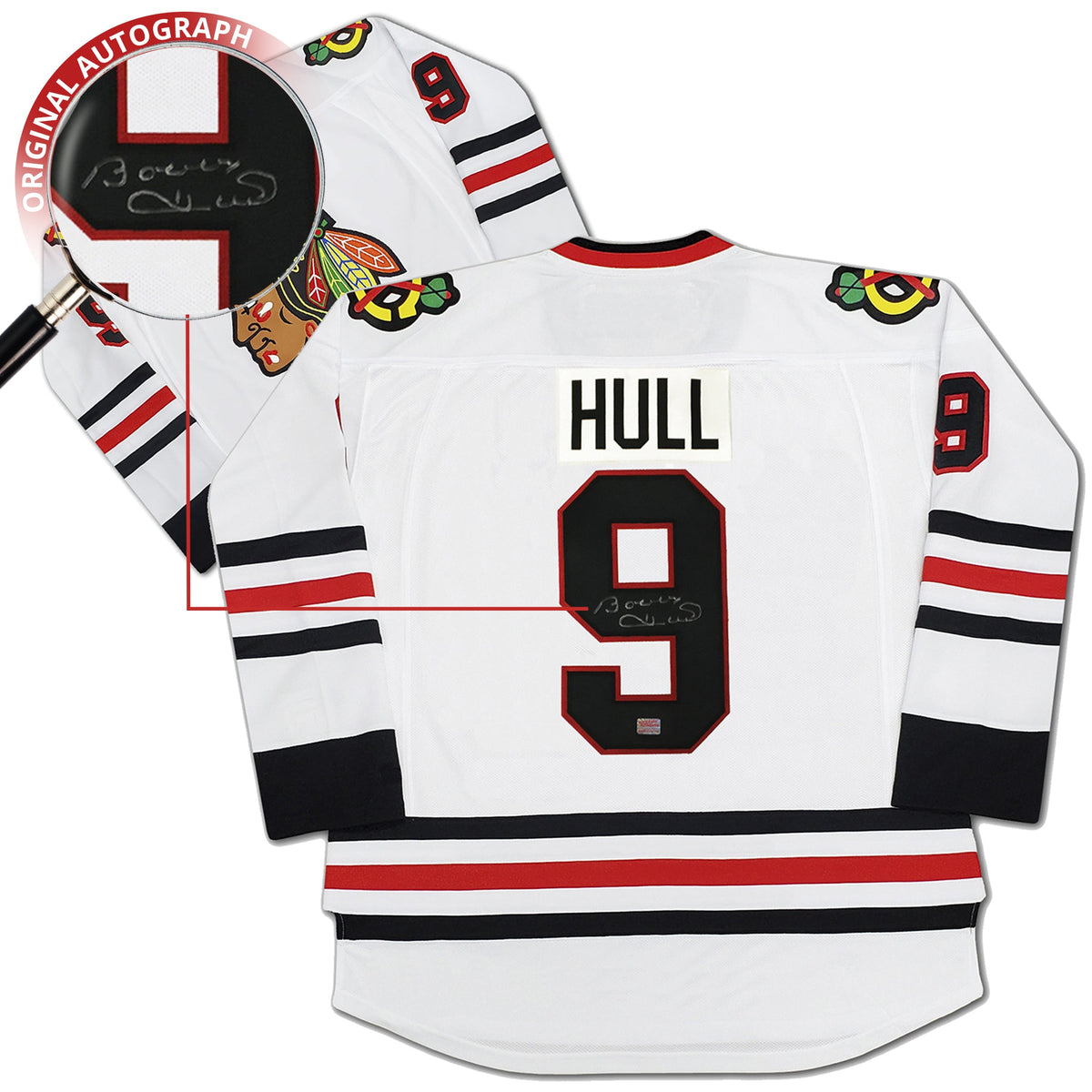 MAILLOT BLANC DES BLACKHAWKS DE CHICAGO, AUTOGRAPHIE PAR BOBBY HULL
