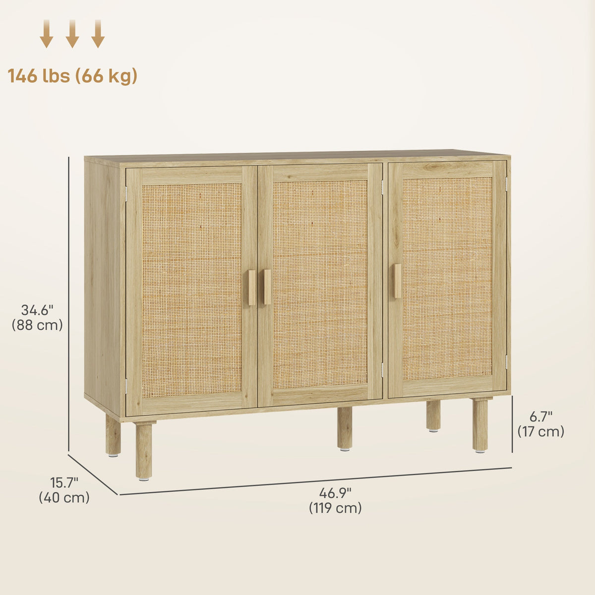 Quinn Bohemian 46.9" Hallway Cabinet/Sideboard with 3 Rattan Doors-Oak