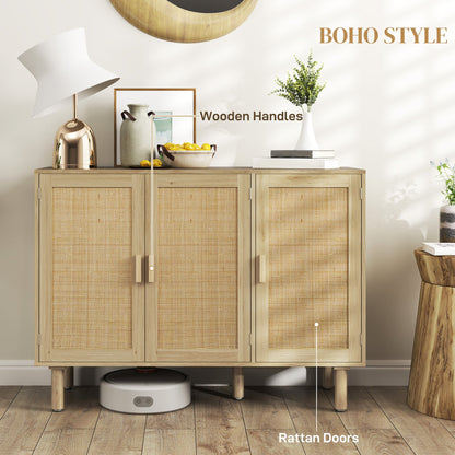 Quinn Bohemian 46.9" Hallway Cabinet/Sideboard with 3 Rattan Doors-Oak