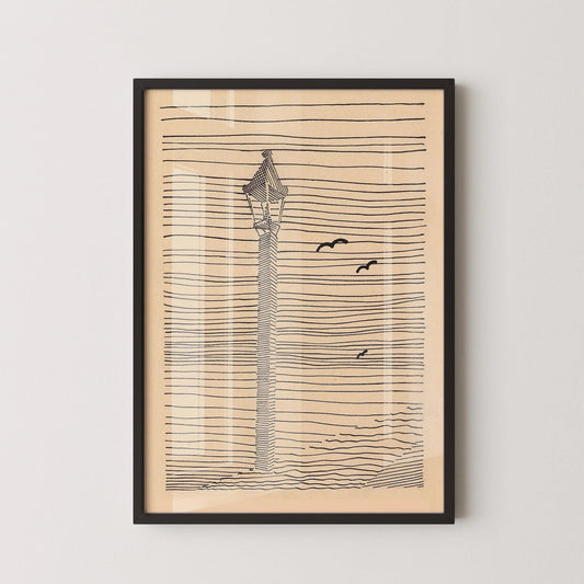 Karl Wiener - Lantern and Three Birds | Minimalist Beige Sketch Art (available handframed or unframed)