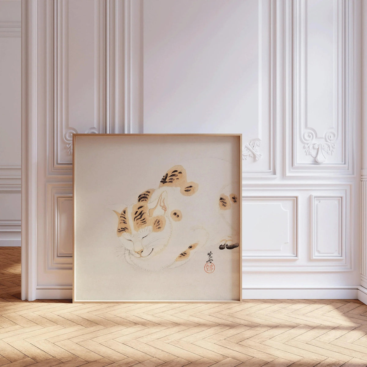 Kawanabe Kyosai - Chat Endormi | | ESTAMPE | Art animalier japonais vintage sur bois (disponible encadré à la main ou sans cadre) 1x1