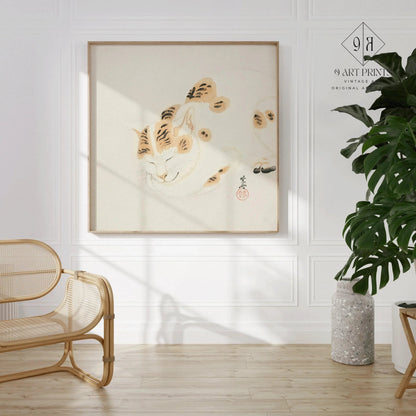 Kawanabe Kyosai - Chat Endormi | | ESTAMPE | Art animalier japonais vintage sur bois (disponible encadré à la main ou sans cadre) 1x1