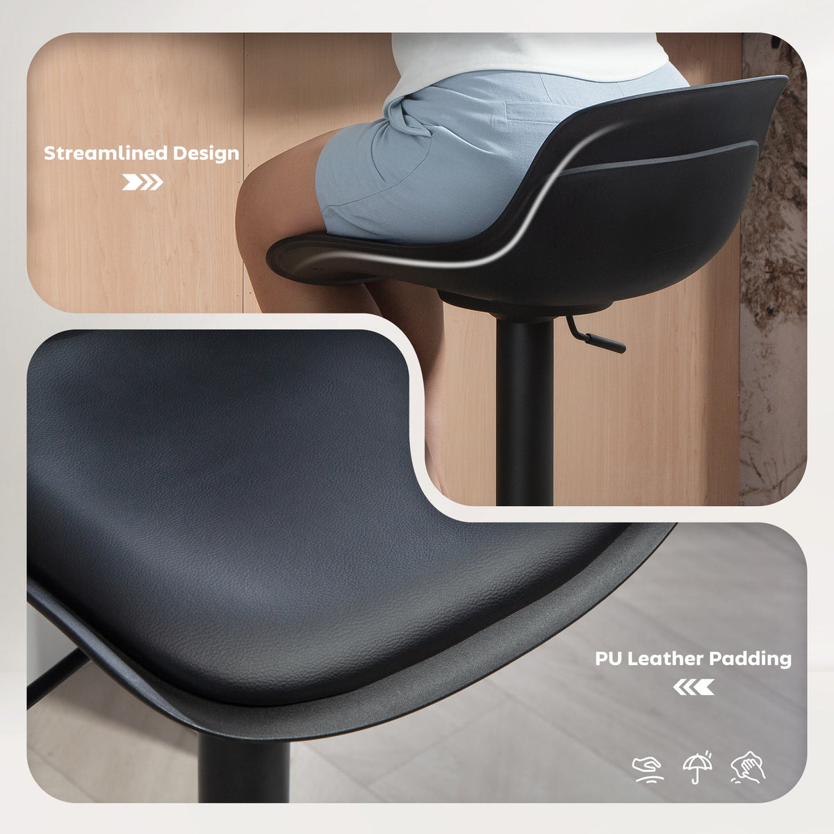 Tabourets de comptoir/bar Zee (lot de 2) avec hauteur réglable et siège pivotant - Noir