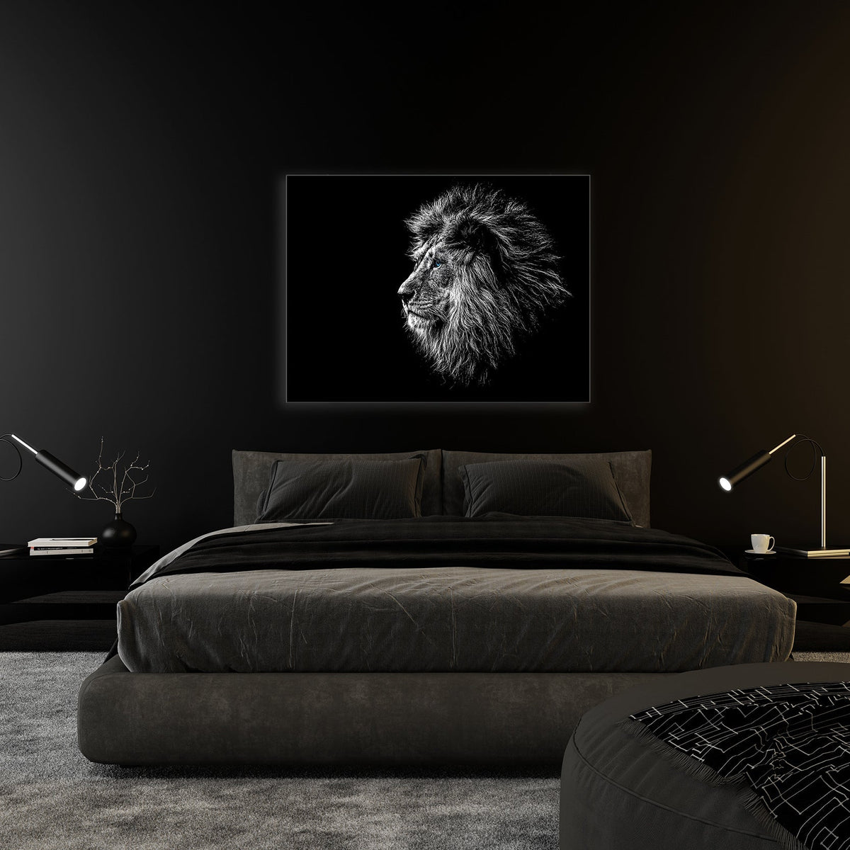 Toile d'Art Faune Sauvage - Tête de Lion Œil Bleu en Noir et Blanc - Vernis argenté