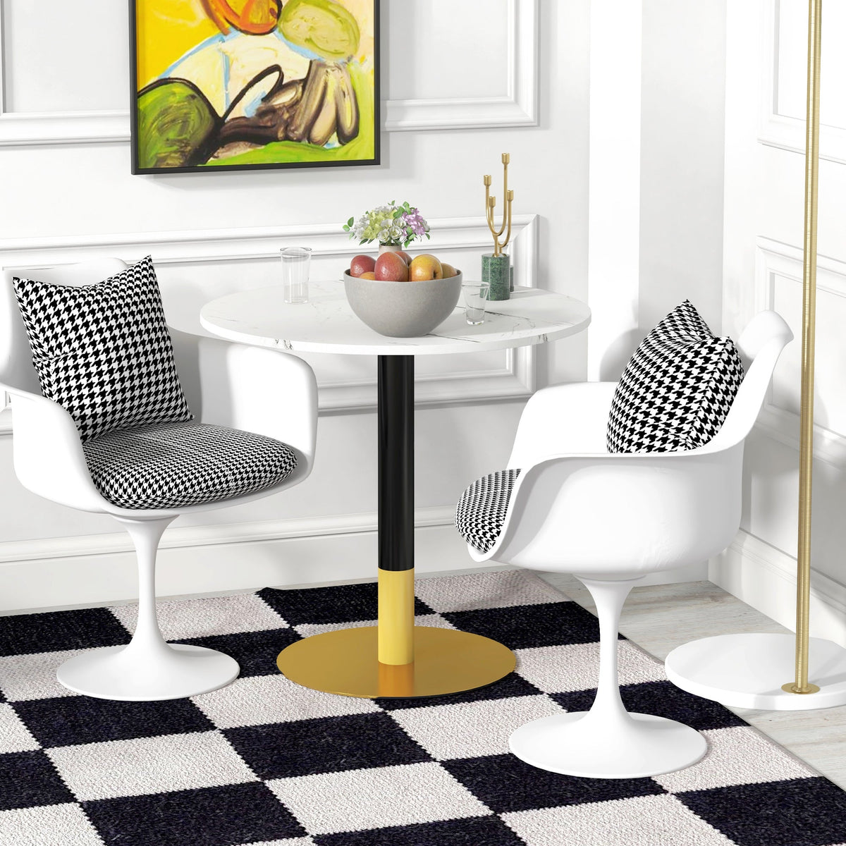 Table à manger moderne ronde René avec plateau en imitation marbre pour petits espaces-Blanc