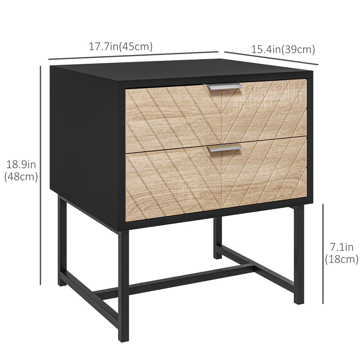 Emery Modern Bedside Table with 2 Drawers and Steel Legs-Black/Oak