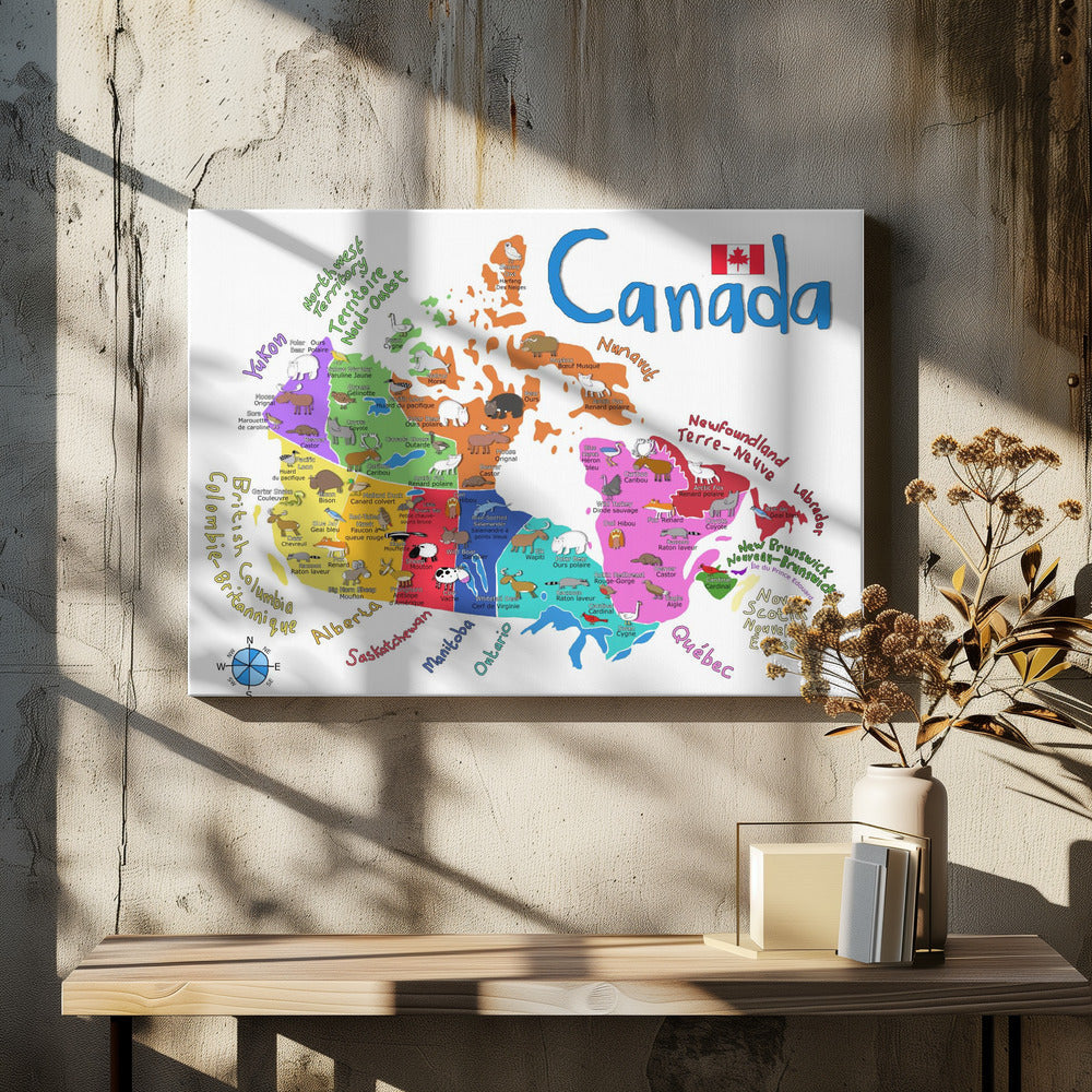 Carte illustrée murale du Canada avec animaux par Carla Daly