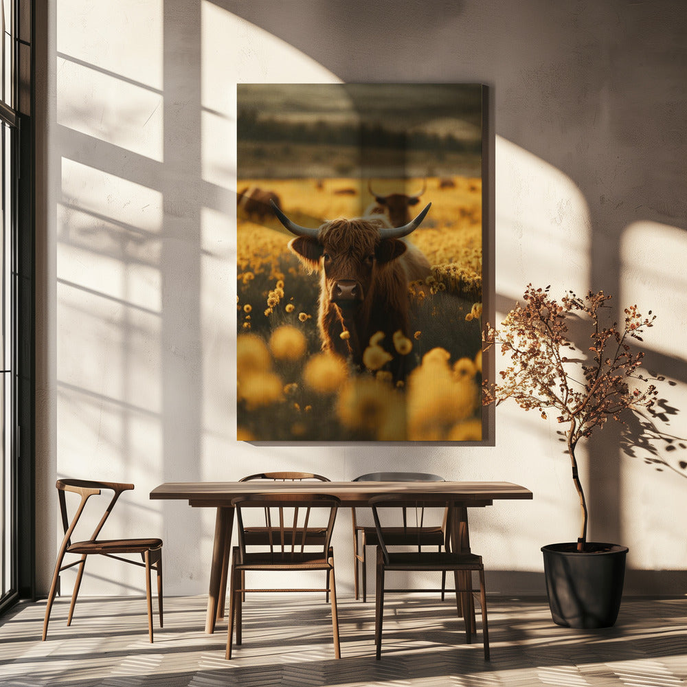 Wall Art Highland Cows In Flower Field