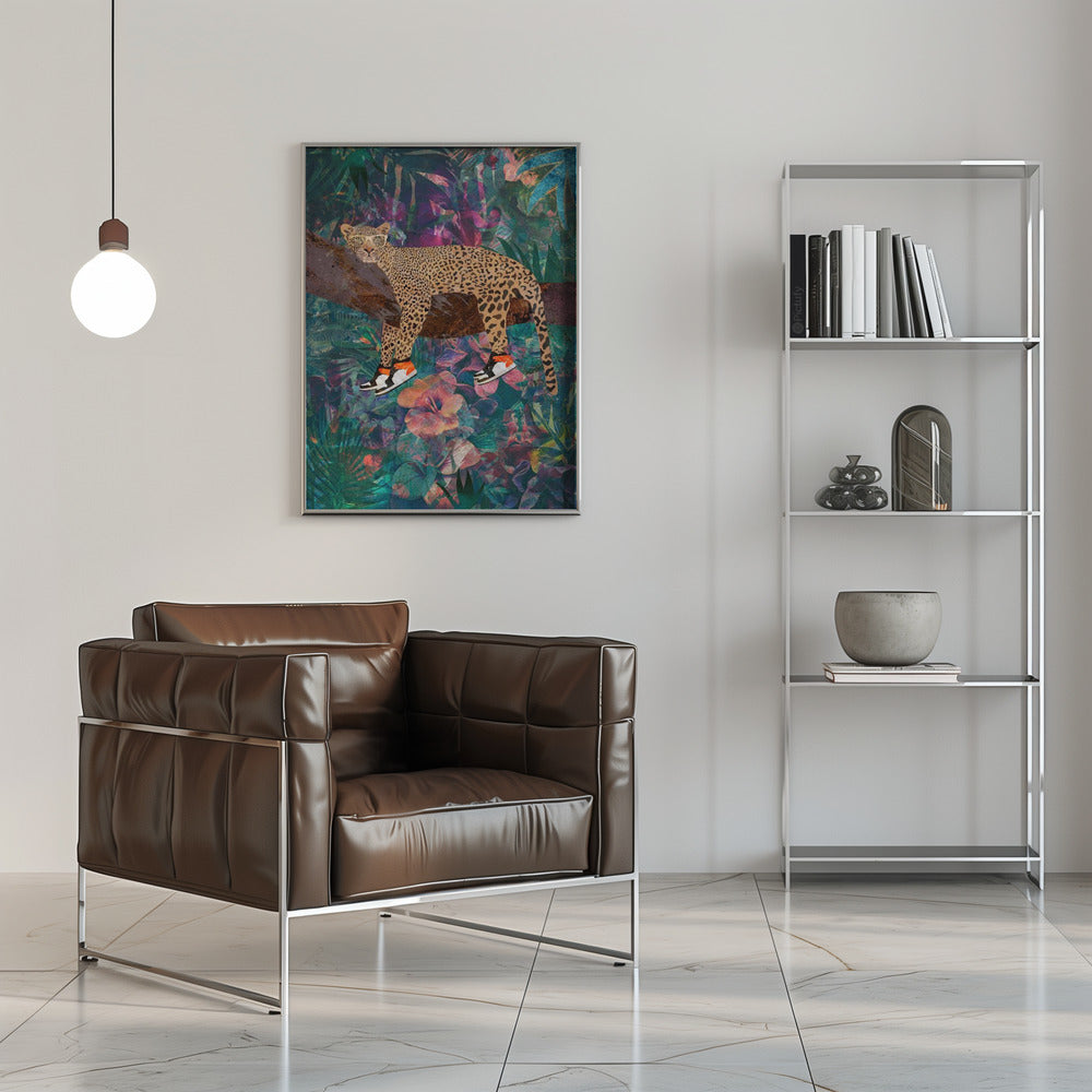 Leopard Wearing Shoes in a Tropical Jungle Canvas Wall Art | Tropical Floral Jungle - Leopard wearing shoes