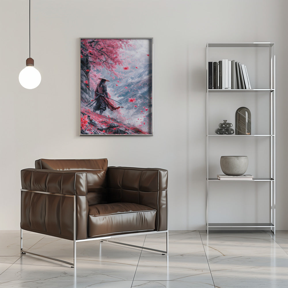 Samurai beneath Pink Blossom Trees Canvas Wall Art