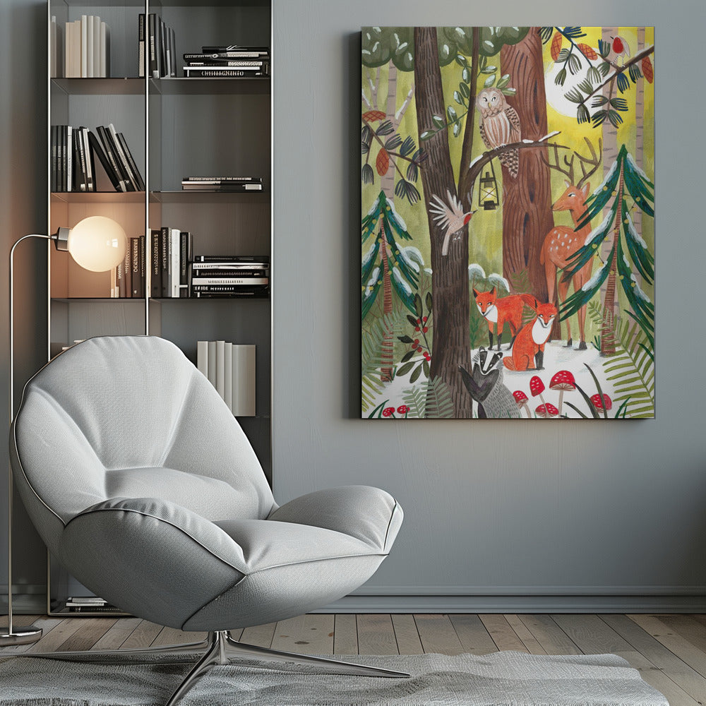 Décoration murale Forêt de Noël verte avec animaux Impression sur toile
