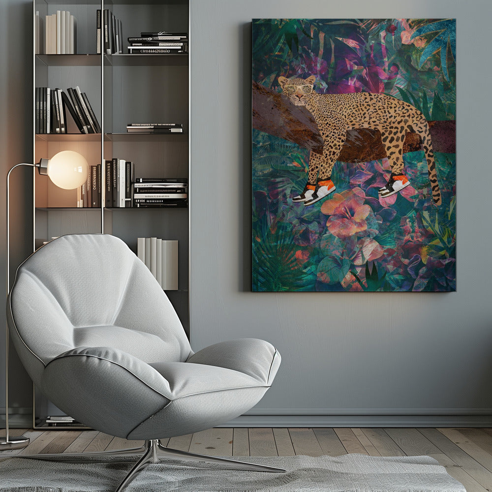 Leopard Wearing Shoes in a Tropical Jungle Canvas Wall Art | Tropical Floral Jungle - Leopard wearing shoes