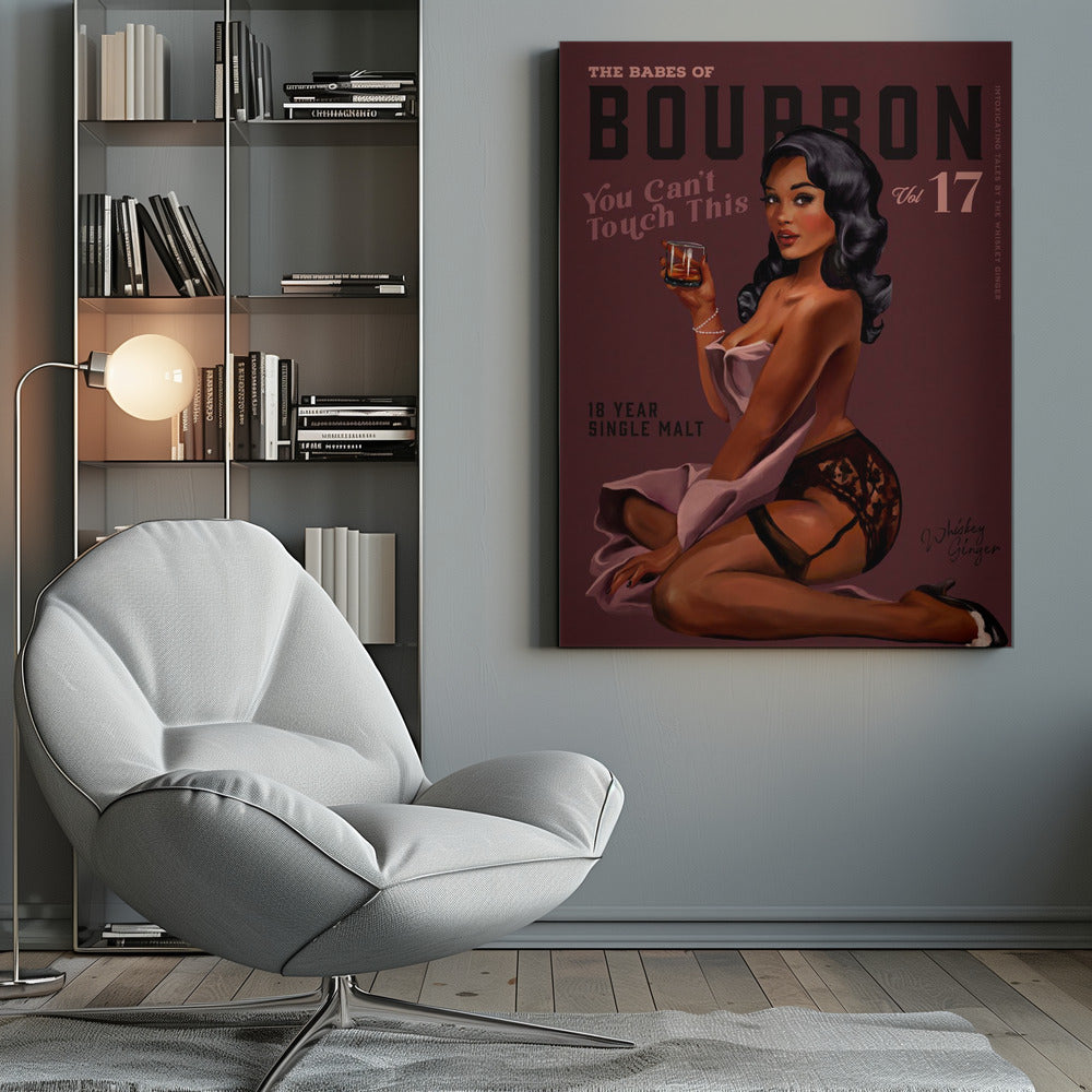 Art mural Babes of Bourbon Cant Touch This. Art sexy de fille Pin-Up rétro avec du whisky