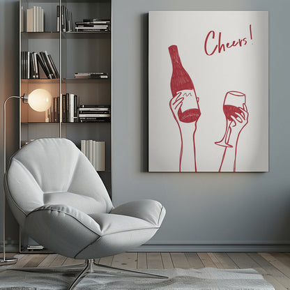 Wall art Cheers wine illustration & text (black & white)
