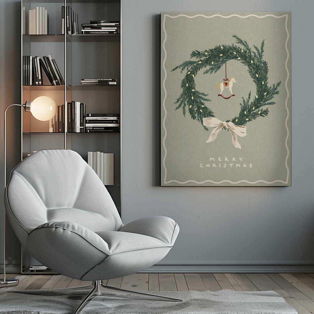Toile murale Chevaux Jouet sur une couronne de Noël avec nœud