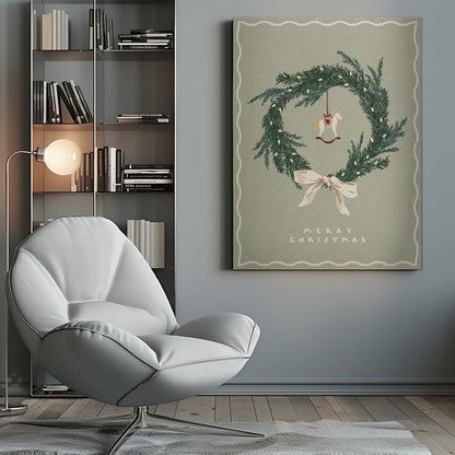 Toile murale Chevaux Jouet sur une couronne de Noël avec nœud