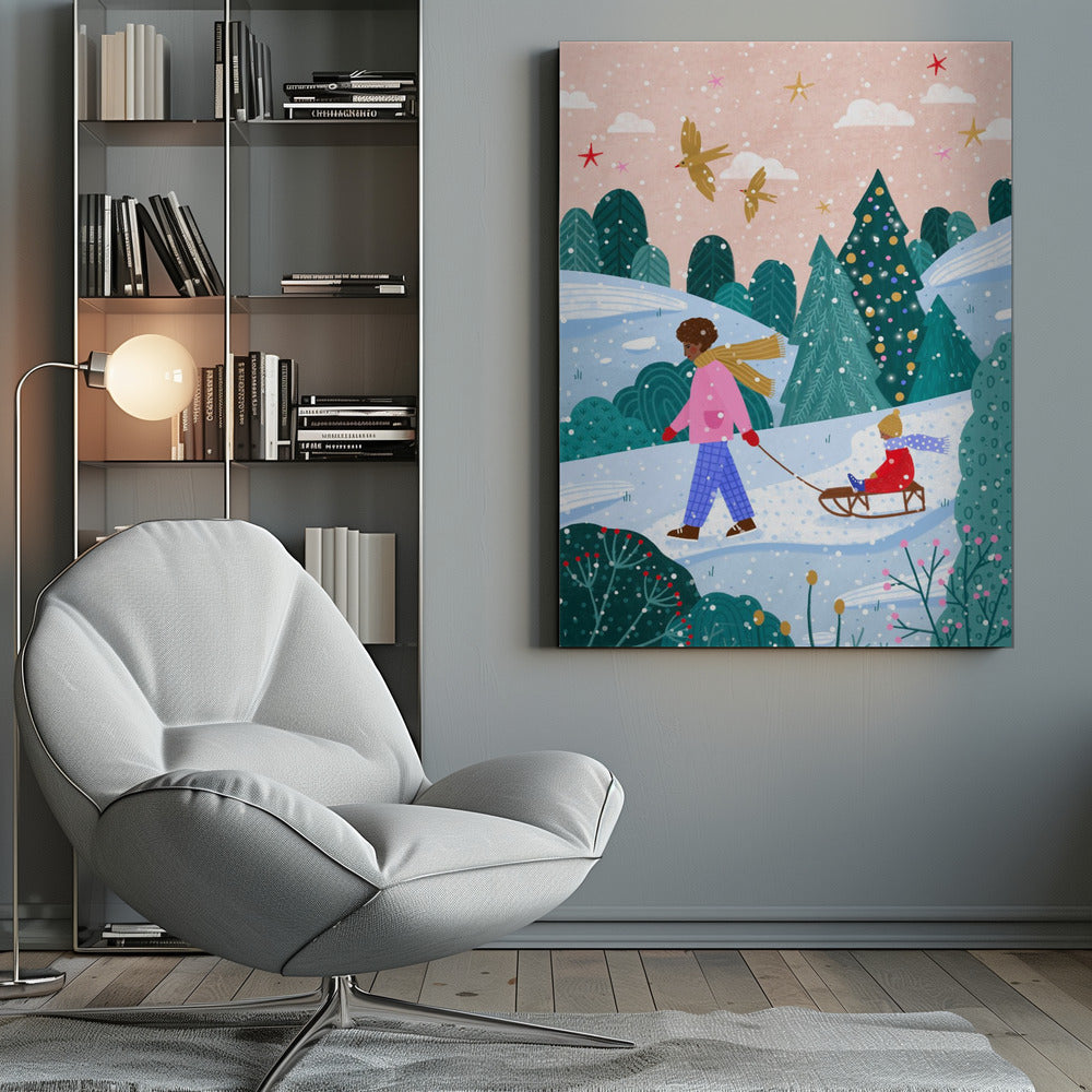 Tableau mural "Promenade en luge enneigée 2" sur toile