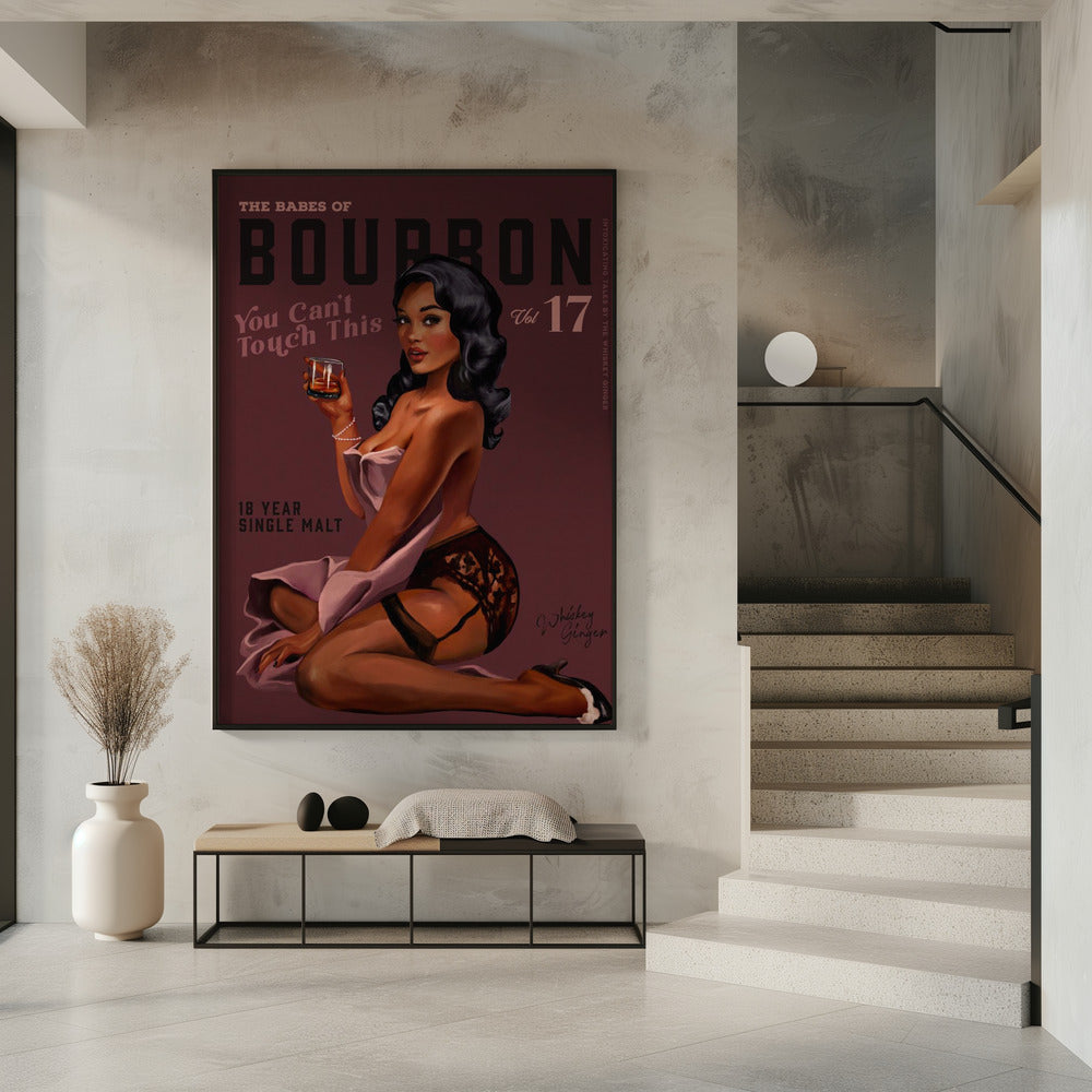 Art mural Babes of Bourbon Cant Touch This. Art sexy de fille Pin-Up rétro avec du whisky
