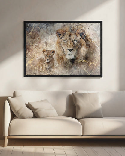 Lion and Cub in Soft Neutral Texture Canvas Wall Art | Lion Animal Vintage Art Illustration Wallart 08