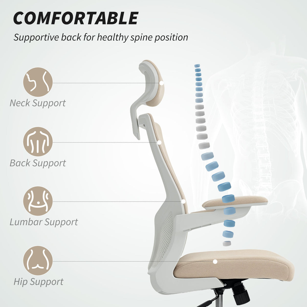 Andre Ergonomic Office Chair with 2D Lumbar Support and adjustable Headrest-Beige/White