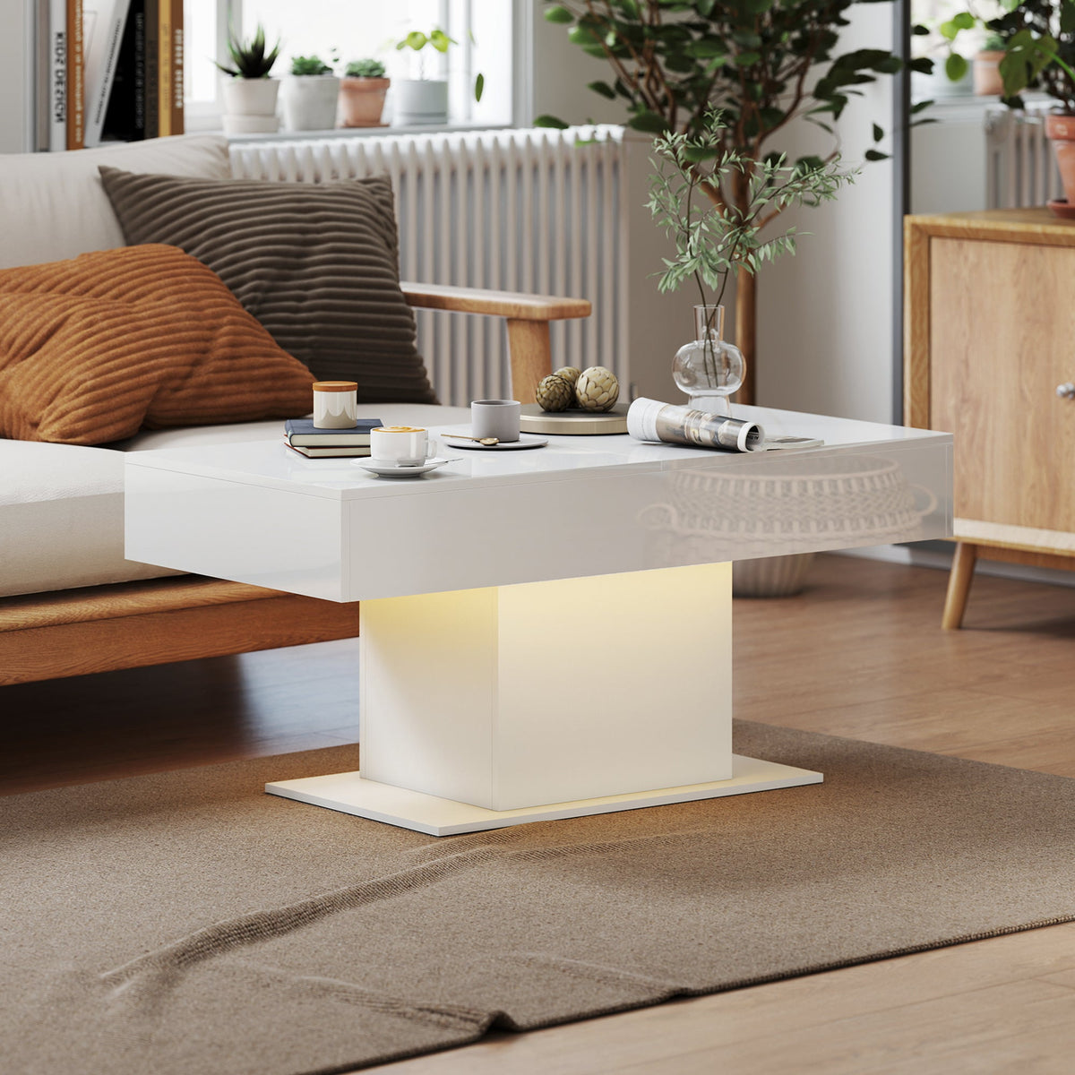 Table basse extensible Halston avec lumières LED et rangement dissimulé - Blanc