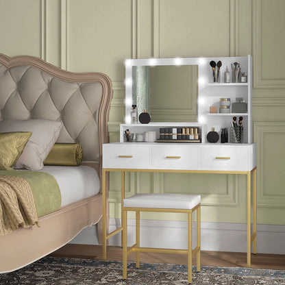 Sophia Illuminated Makeup Table with LED Lights and 3 Drawers-White