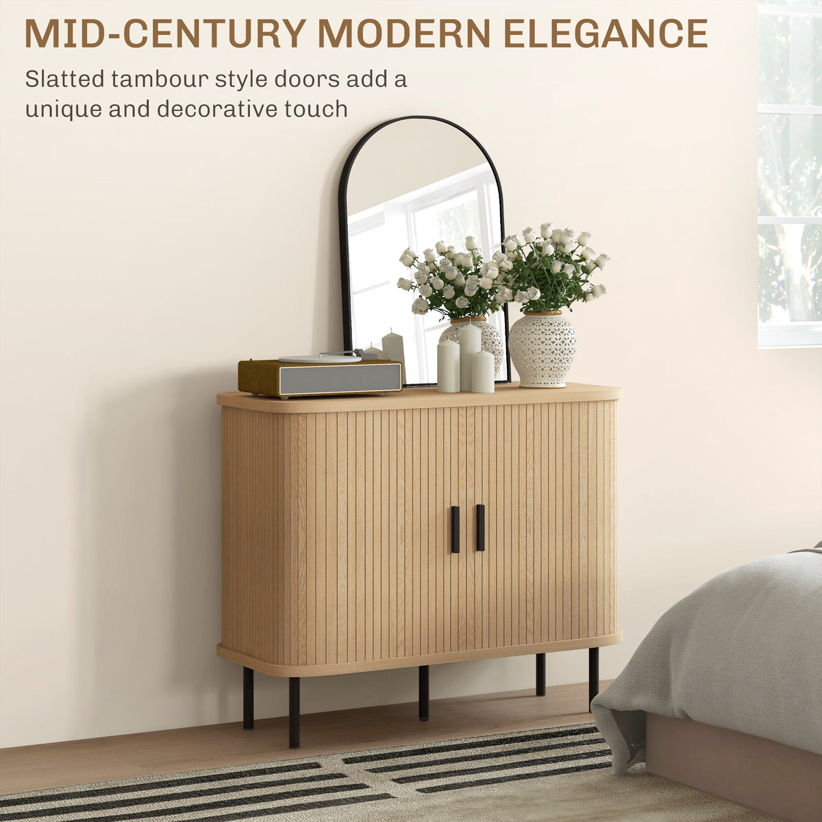 Bahut de 90 cm Aspen avec portes tambour à lattes - Chêne