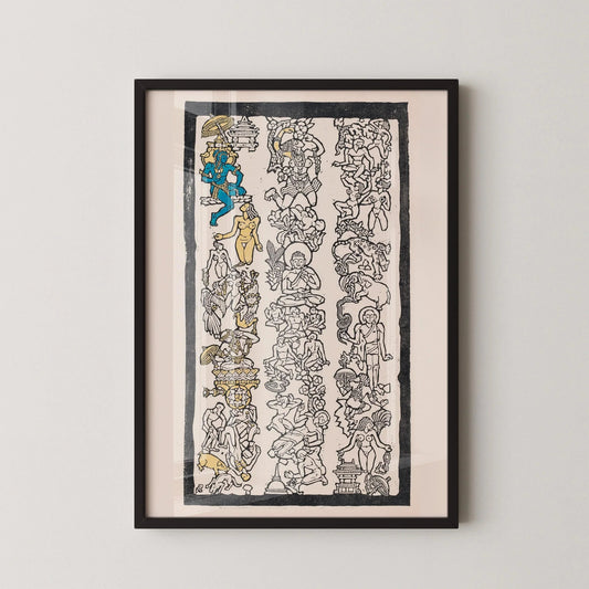 Reijer Stolk Indian Motif Woodcut Print: Symbolist Art, Gold & Blue Accents