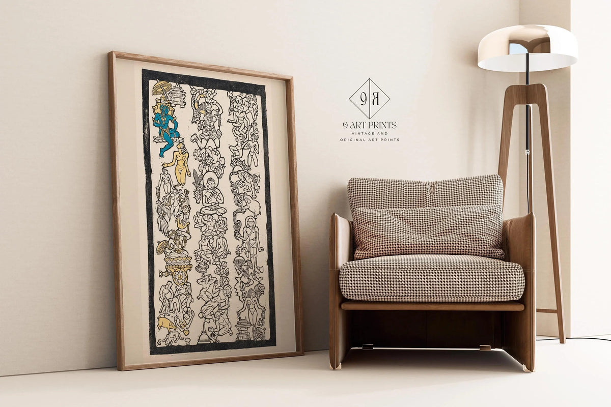 Reijer Stolk Indian Motif Woodcut Print: Symbolist Art, Gold & Blue Accents