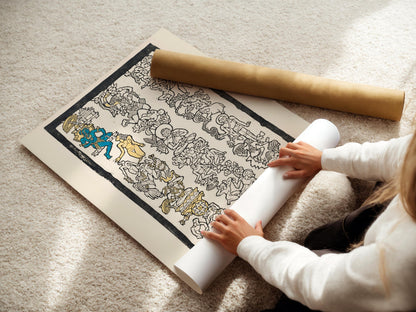 Reijer Stolk Indian Motif Woodcut Print: Symbolist Art, Gold & Blue Accents