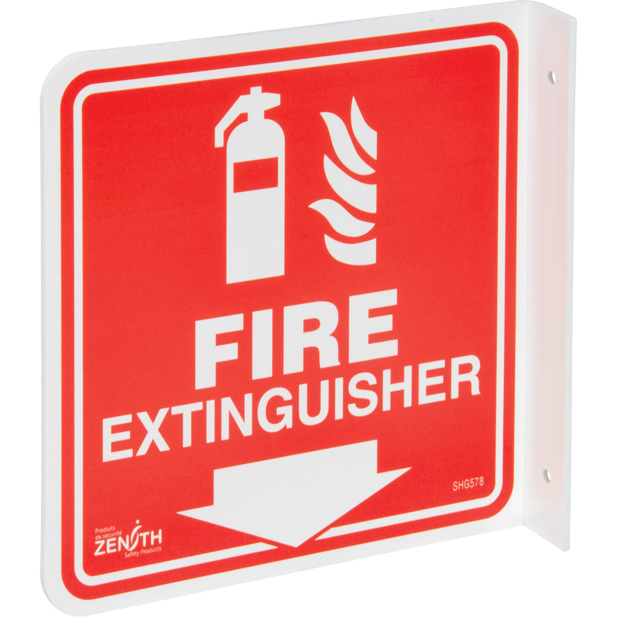 Panneau "Extincteur" saillant à 90°, 20,3 cm x 20,3 cm, plastique, anglais avec pictogramme