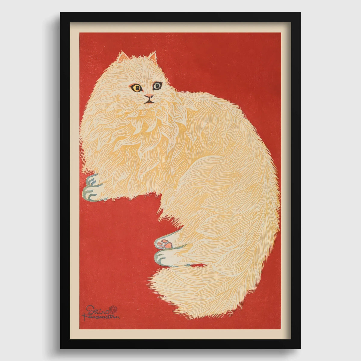 Shiro Kasamatsu - Le chat blanc : estampe Giclée japonaise sur bois vintage