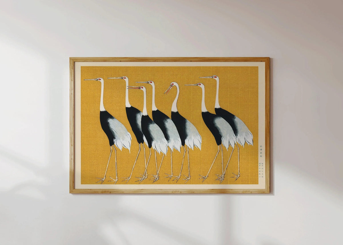 Japanese Crane Art Prints: Ukiyo-e Style, Yellow Shin Hanga Duo