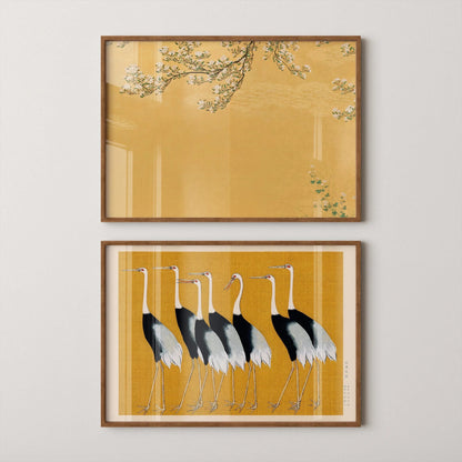 Japanese Crane Art Prints: Ukiyo-e Style, Yellow Shin Hanga Duo