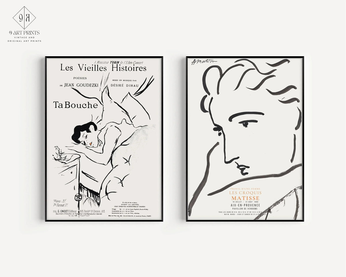 Affiches d'art Matisse et Toulouse-Lautrec : Ensemble de cadres pour mur de galerie neutre