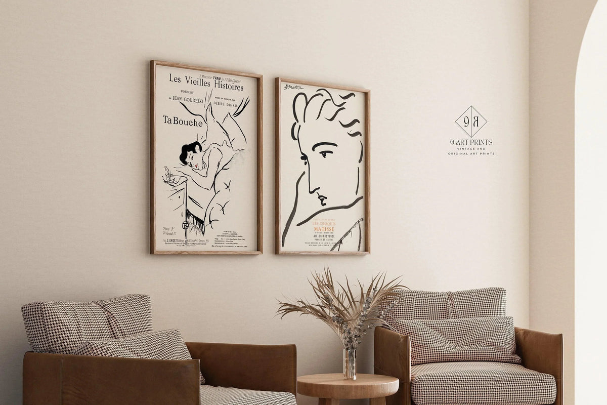 Affiches d'art Matisse et Toulouse-Lautrec : Ensemble de cadres pour mur de galerie neutre
