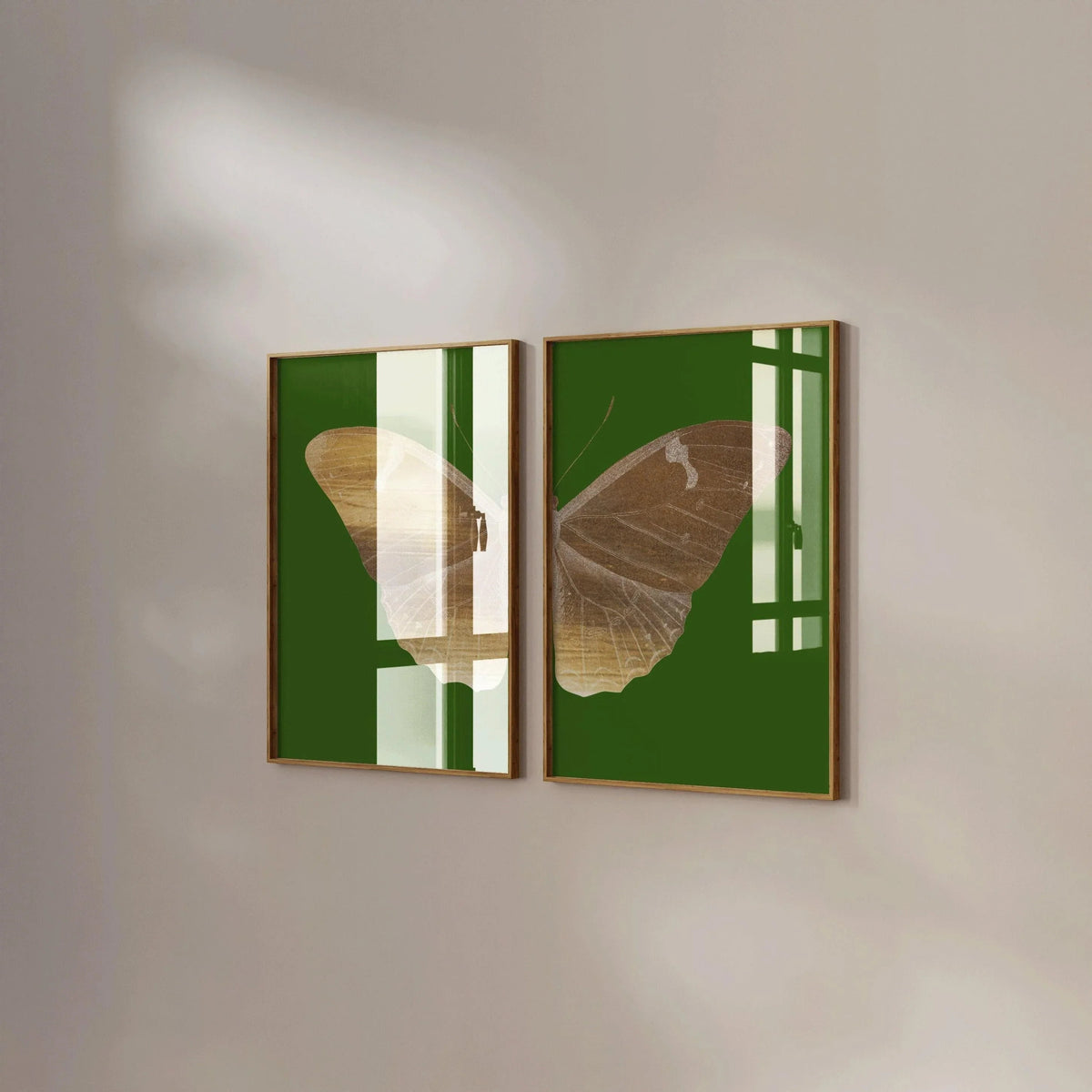 Emerald Moth Diptych Butterfly Art Prints: Vintage Gold Duo